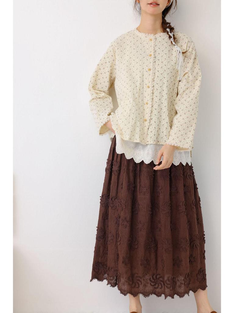 Saia Midi Bordada com Flores 3D Estilo Mori Girl com Forro – Casual & Versátil