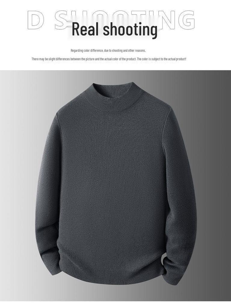 Men's Plus Velvet Half-High Collar Knit Sweater - Anti-Pilling Dobby Fleece, Solid Color for Autumn/Winter