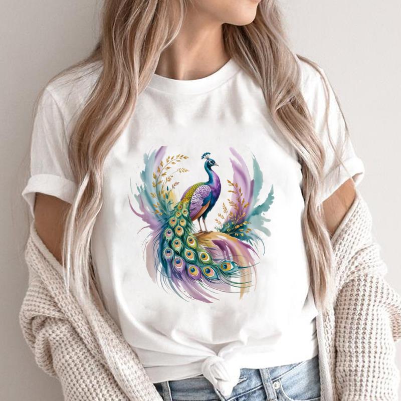 (Asian Size) feather style lovely Print Short Sleeve T-shirts Fashion Female Casual Women's Top T Clothing O-neck Graphic Tee