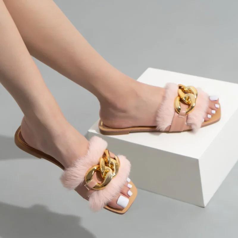 Moda Moda Łańcuch Pluszowe Futrzane Puszyste Damskie Sandały Białe Płaskie z Zewnętrznymi Damskimi Klapkami Futro Letnie Buty na Plażę Duży Rozmiar 37-42