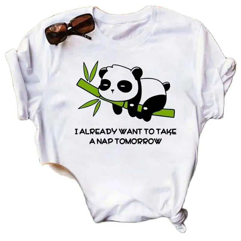 Cute Panda With Sunglasses Graphic Women T-Shirt Minimalist Black Line Animal Print Short Sleeve Casual Streetwear Tee