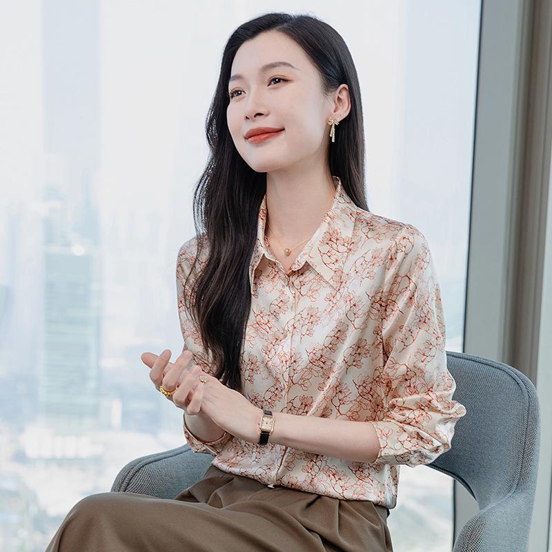 2025 Women's Printed Mulberry Silk Shirt: Slim Fit, Fashionable Real Silk Top for Spring & Autumn