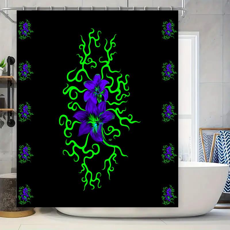 

Green And Purple Floral Shower Curtain Waterproof Bathroom Decorative Fabric Printing Shower Curtains Set With Rod Pocket W60H190(CM)-1 Pcs