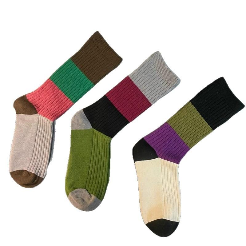 Autumn Socks, Women's Retro Color-blocking Mid-calf Socks, Slimming and Versatile Pile Socks