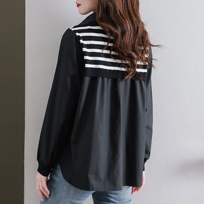 Spring New Striped Knitted Shirt Plus Size Women's Casual Vacation Two-piece Long-sleeved Top