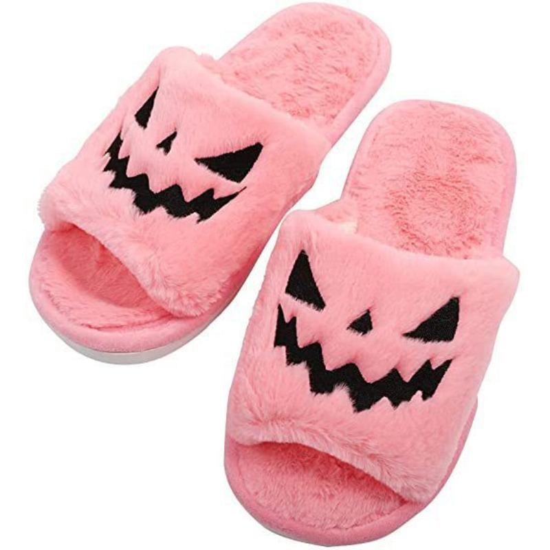 Halloween Large Size Slippers Women's Pumpkin Lantern Slippers Plush Comfortable Open-toed Women's Slippers