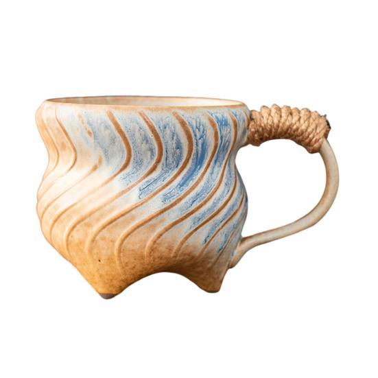 Handmade Ceramic Mug 320ml Vintage Tea Coffee Cup with Rattan Handle Creative Spiral Design Gradient Glaze Drinkware Home Decor Gifts
