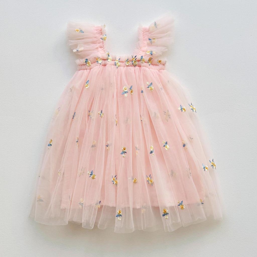 Girls' Flower Embroidered Tulle Dress: Summer Style with Puff Sleeves and Net Yarn Skirt