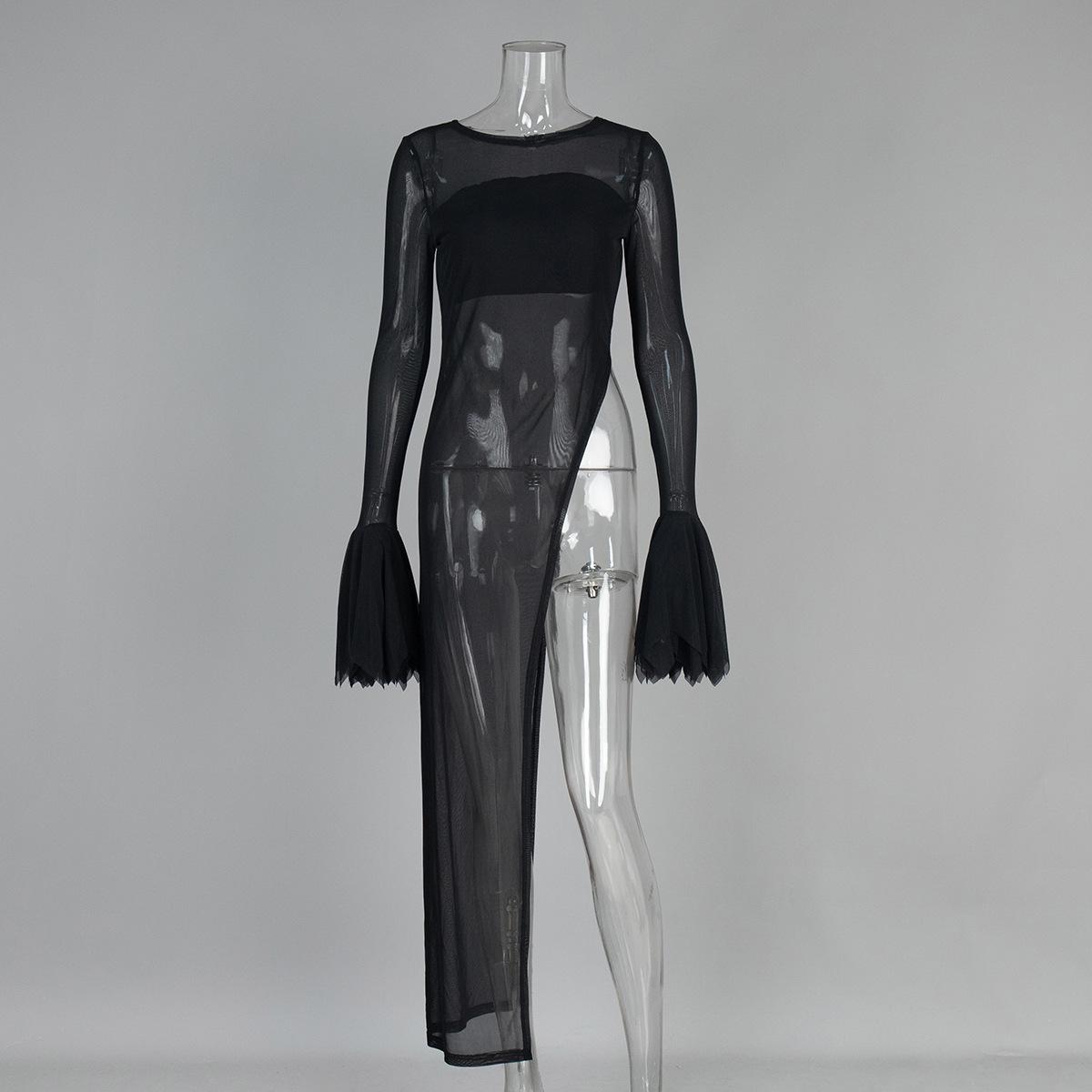 Необычное платье с длинным рукавом Европейское и американское летнее новое расклешенное длинное платье черное сетчатое платье S