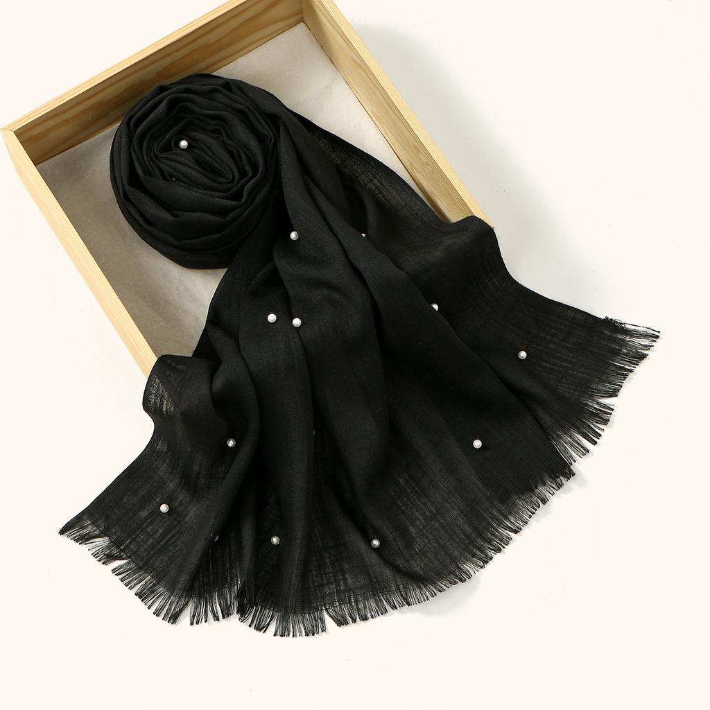 Soild Remove Edge Cotton Bamboo Scarf With Pearls Muslim Hijab Long Shawl Elegant Pearl Headscarf Soft Comfortable Cotton Shawl
