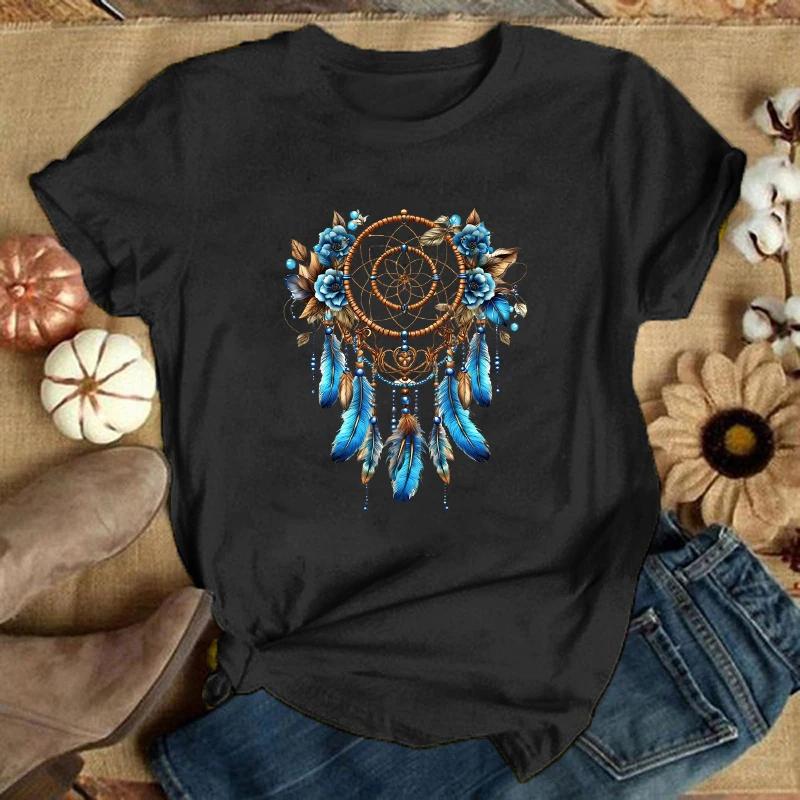 Dreamcatcher Print T Shirt Fans Summer Casual Short Sleeve Tee Cute Loose T Shirts(Premium T-shirt)