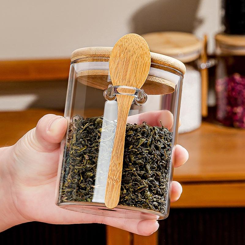 2Pcs Glass Jars Food Storage Container Spice Jars with Bamboo Lid Tea Coffee Sugar Storage Jars Small Canister for Kitchen 550ML