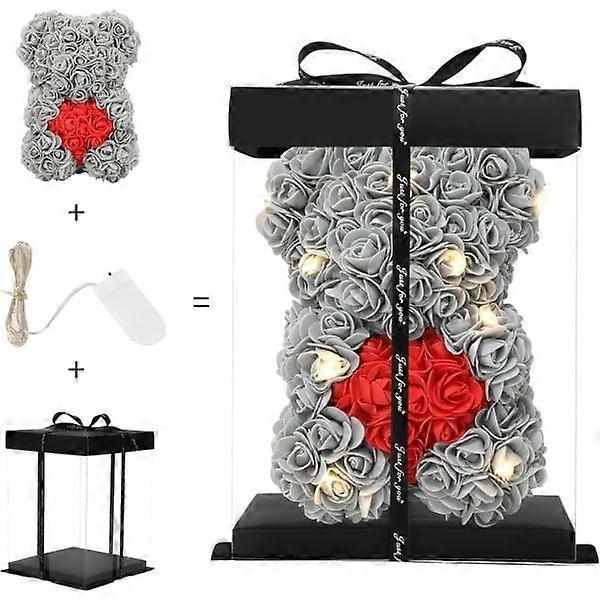 Valentine's Day, rose bear handmade rose teddy bear rose teddy bear - Gift for Valentine's Day, Mother's Day, transparent gift box (gray)
