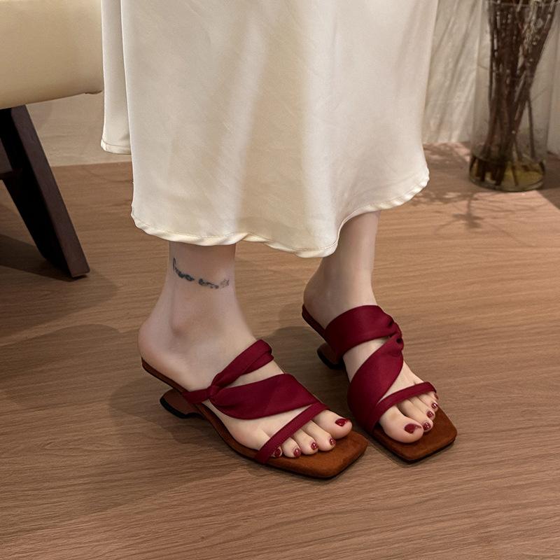 Cowhide~ Retro Wedge Heel Open-toed Sandals Women's Summer New Niche Design Special-shaped High Heels