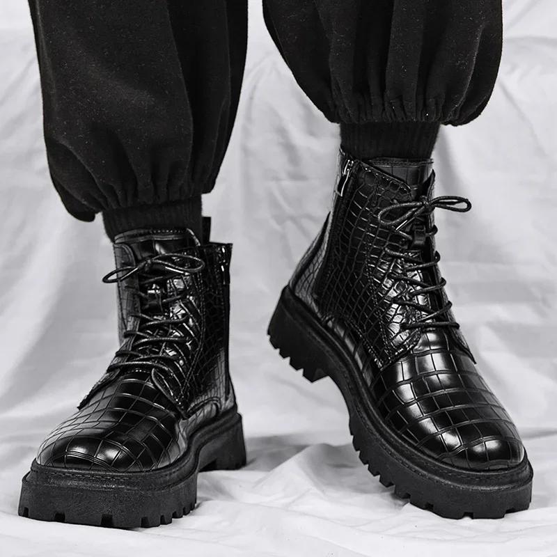 High Quality Retro Crocodile Pattern Men Leather Boots British Style Chelsea Boots Comfy Casual Ankle Boots for Man Botas Hombre