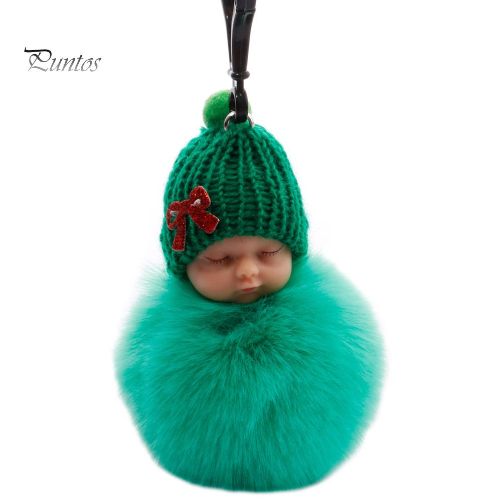 Puntos Cute Sleeping Baby Fluffy Fur Plush Doll Pendant Keychain Key Ring Handbag Decor