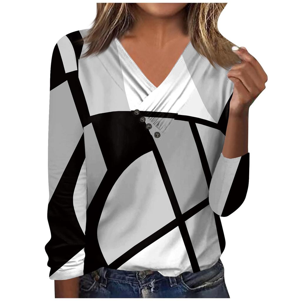 Womens Long Sleeve Tops Fall V Neck Long Sleeve Blouses Loose Fit Button Prints Casual Tees Clothes