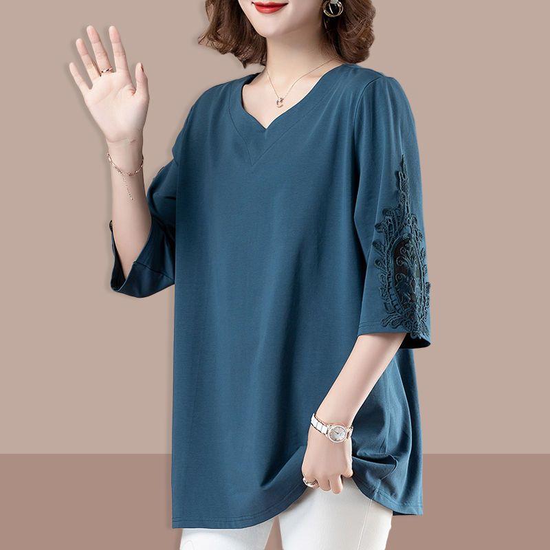 Summer Women's Plus Size T-Shirt Loose Three-Quarter Sleeve VT Shirt Solid Color Top
