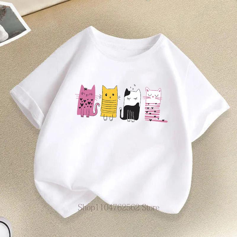 Cute Cat Print Children T-shirts Summer Girls Boys Casual Fashion Kawaii Short Sleeve Tops O-Neck Colorful Kids T-shirts