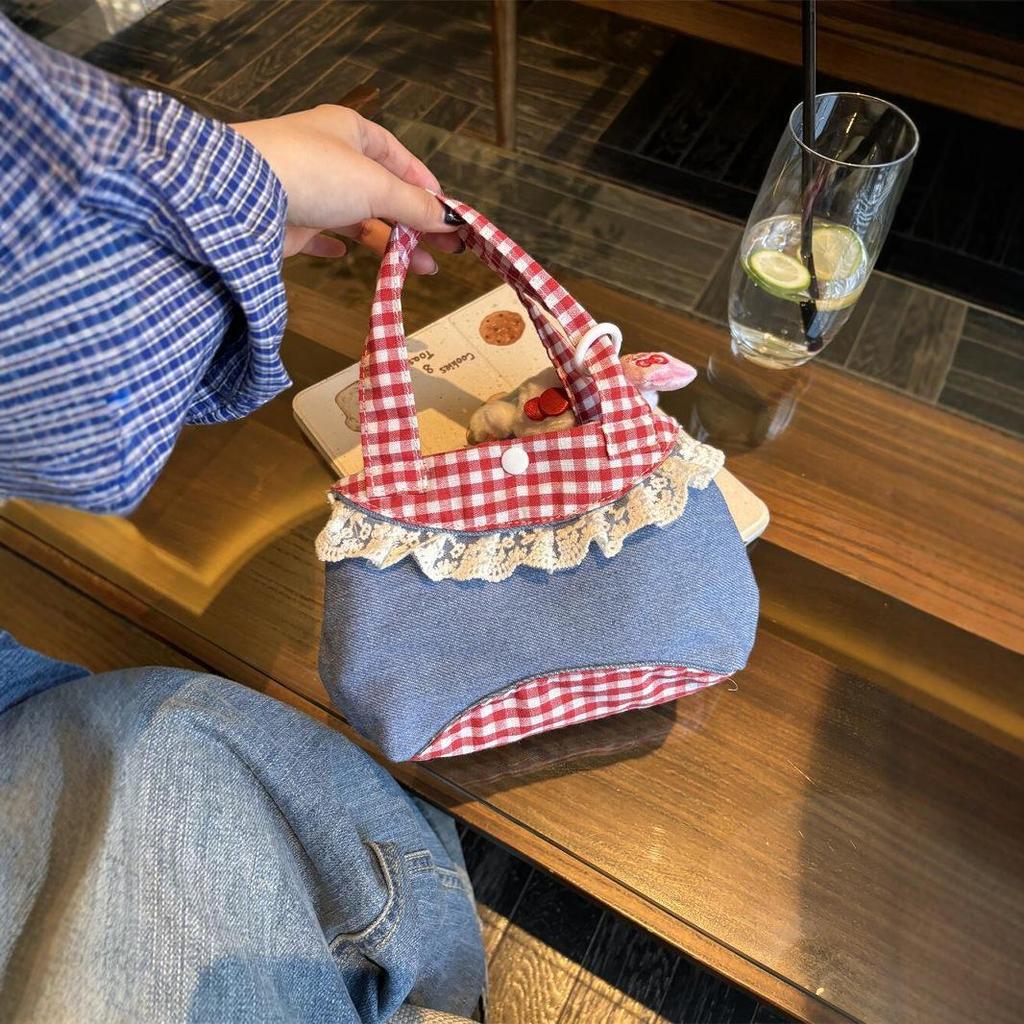 Korean Artistic Retro Plaid Handbag with Lace Trim In Red & Blue