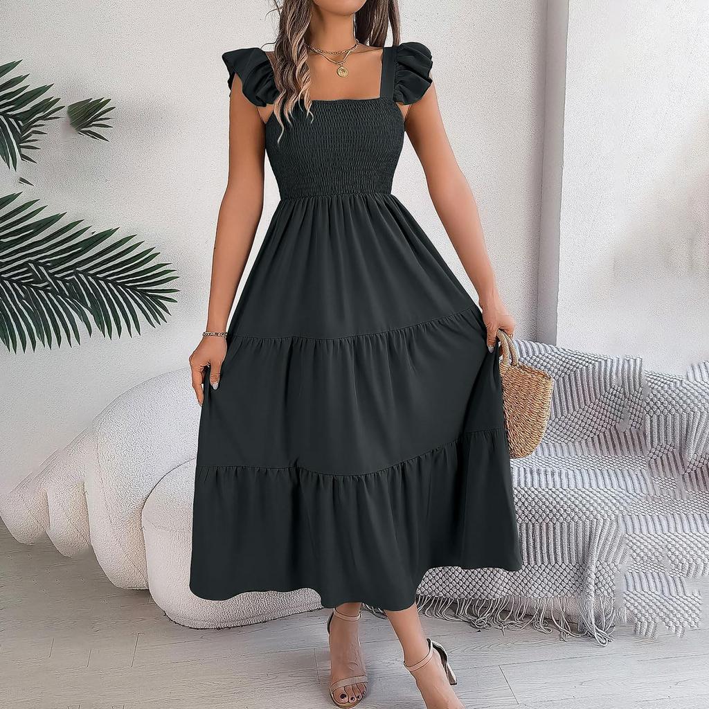 Women’s Ruffle Sleeve Square Neck Smocked Bodice Tiered Maxi Dress Casual Loose Fit Summer Dress