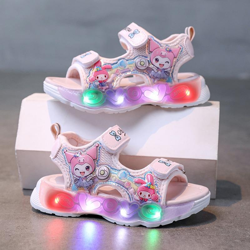 New summer girls princess sandals, kids hook & loop luminous beach shoes
