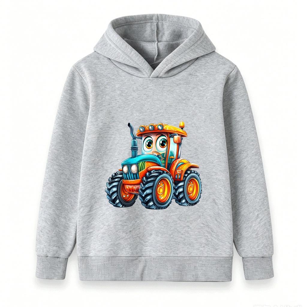 Kids Cartoon Tractor Print Hoodie Boys Girls Casual Long Sleeve Pullover Sweatshirt Cute Vehicle Pattern Children Top Coat