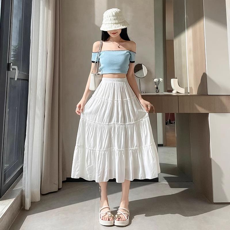 White pleated skirt women's summer new high-waisted boiling water long skirt a-word skirt ballet style cake skirt
