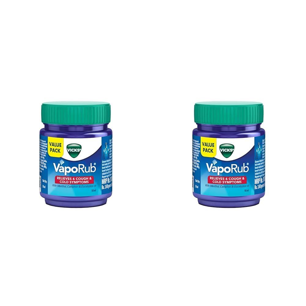 

Vicks Vaporub 50ml Pack of 2 Relieves Cough Blocked Nose Headache Body Ache Muscular Stiffness