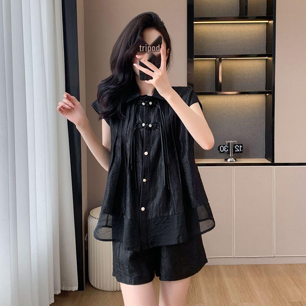 

Casual Plus Size Retro Two-Piece Set: Sleeveless Frog Button Top & Loose Shorts M (recommended for up to 50kg)