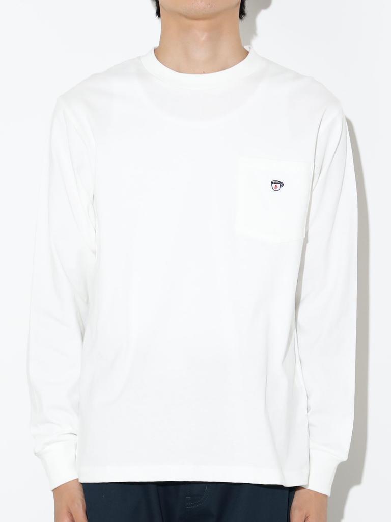 T-Shirt Coffee Embroidery Crew Neck Cut and Sewn WEISS XL [Beams Heart] L/S Herren