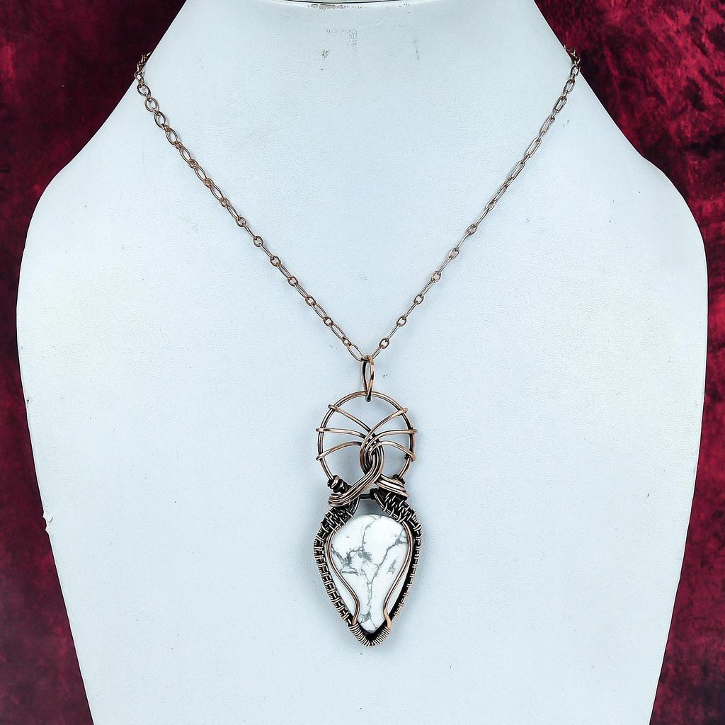 Howlite Gemstone Pendant Copper Wire Wrapped Handmade Pendant Designer Jewelry