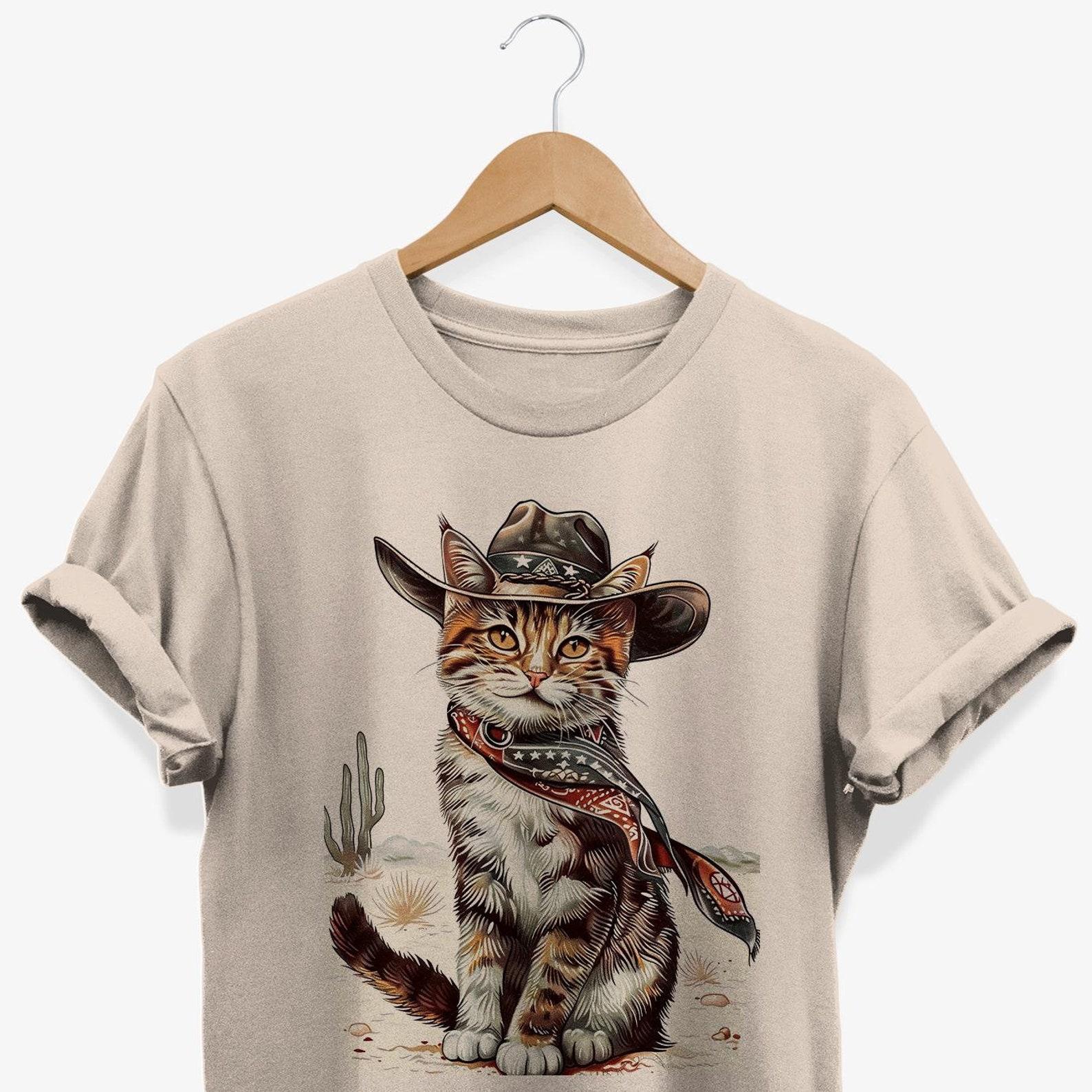 Western Cowboy Cat T-shirt, Retro Kitten Graphic Tee, Funny Ranch Cat Lovers Gift L