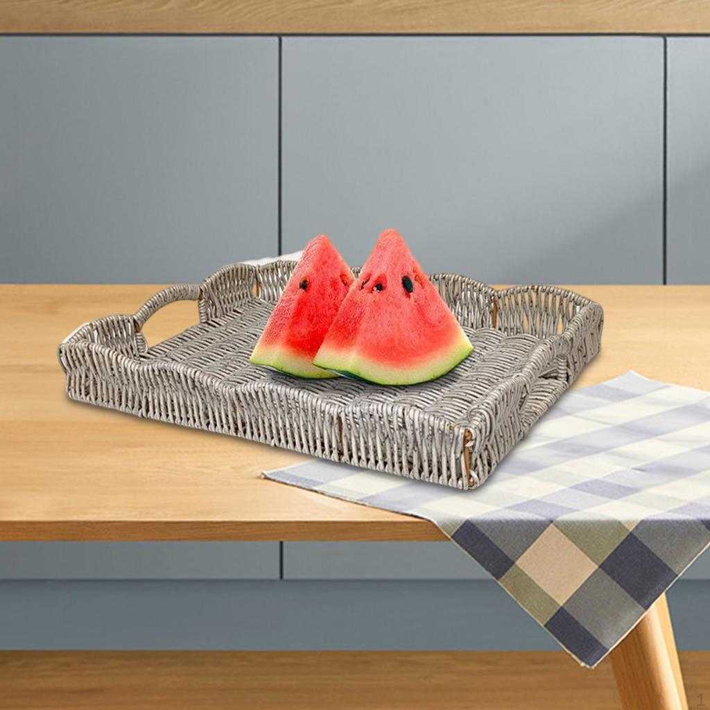 Hand Woven Imitation Rattan Serving Tray with Handles for Breakfast, Drinks, Snack Dining/Coffee
