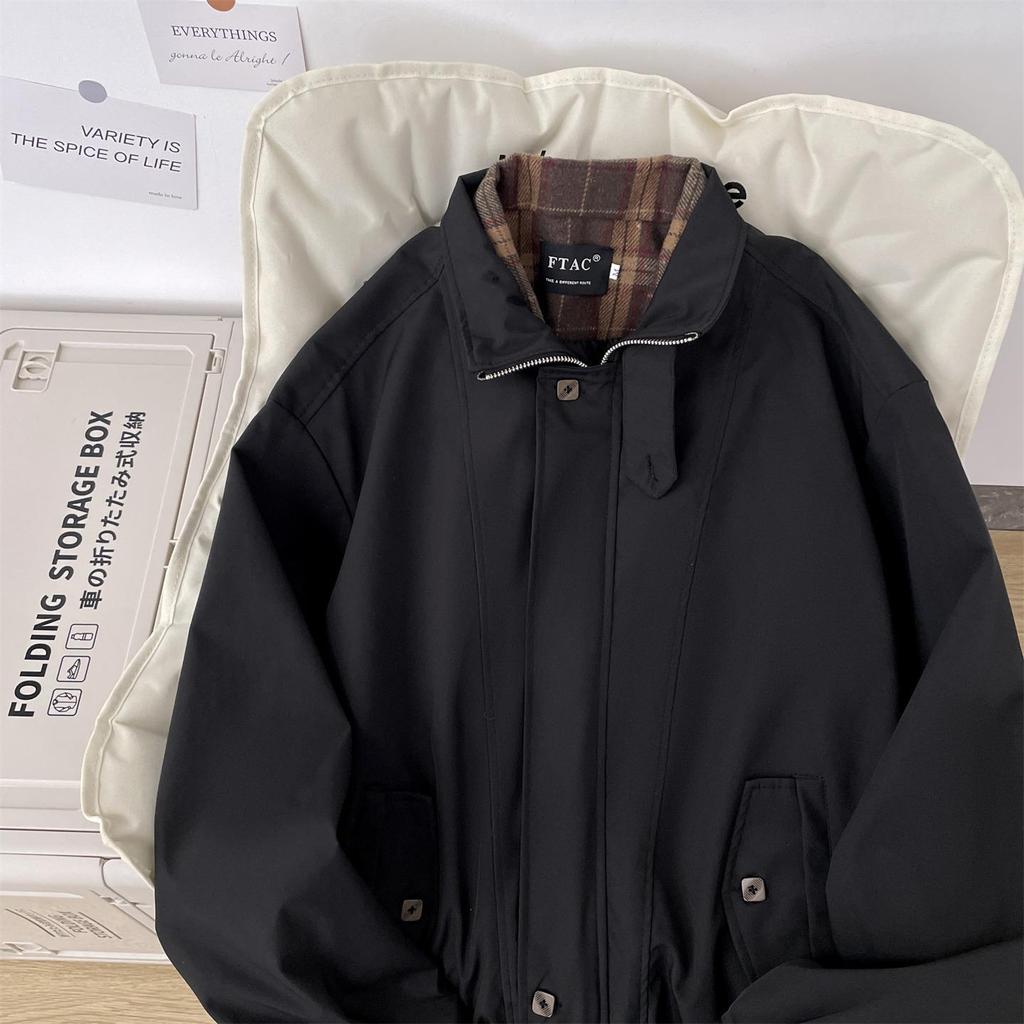 Men's Retro Plaid Patchwork Harrington Jacket - Two-Piece Layered Silhouette