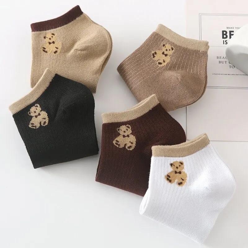 5 Pairs of Socks, WOMEN'S Spring and Summer Thin Solid Color Teddy Bear Cartoon Boat Socks
