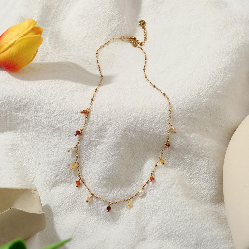 Women 18k Gold Plated Colorful Natural Stone Tassel Clavicle Necklace