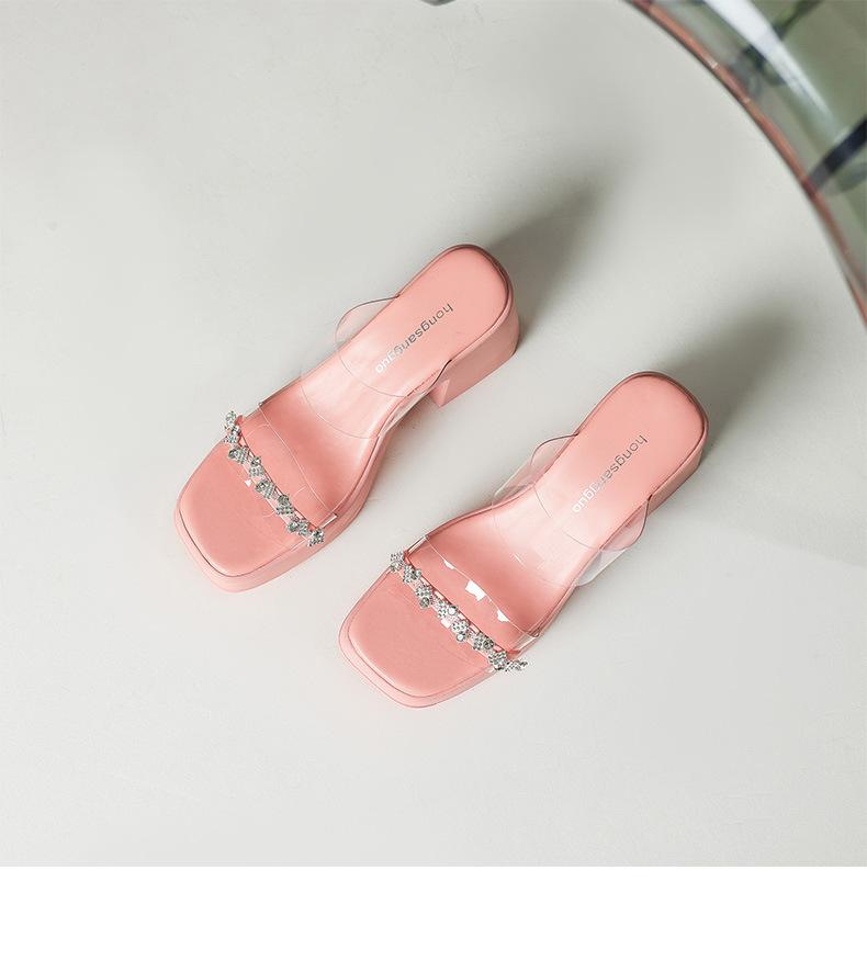 

Transparent high-heeled cool slippers for women s summer new French niche high-end rhinestone thick-heeled cool slippers for women 42 розовый