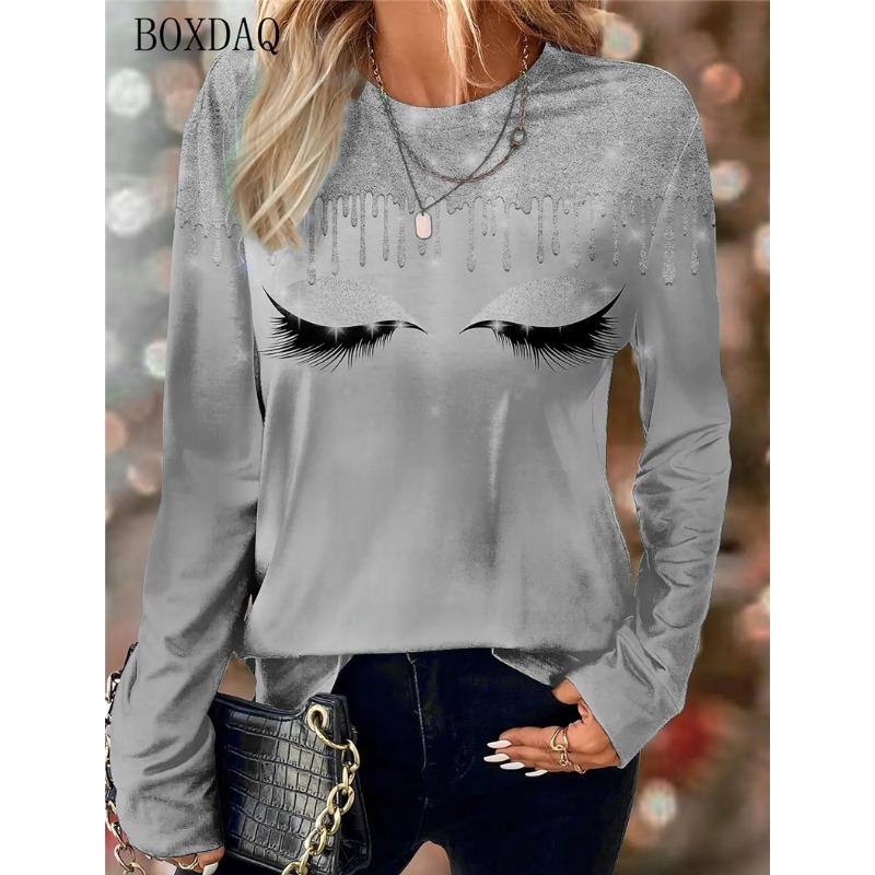 Women Eyelash Face Abstract Pattern Fashion T-Shirts Spring Autumn Long Sleeve 3d Print