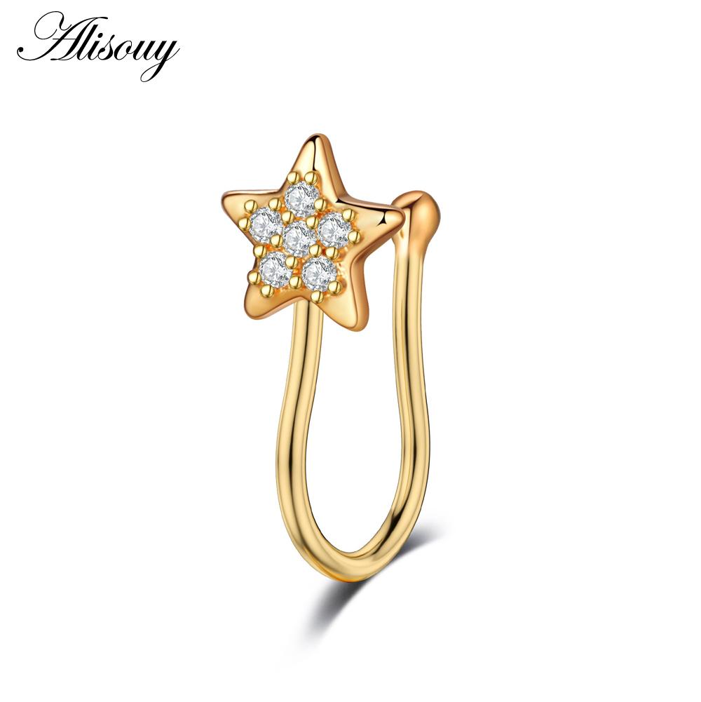 Alisouy 1pc Zirconia Fake Piercing Clip Nose Ring Body Jewelry for Women Ear Cuffs Heart Cross Star Leaf Flowers Clip Nose Rings