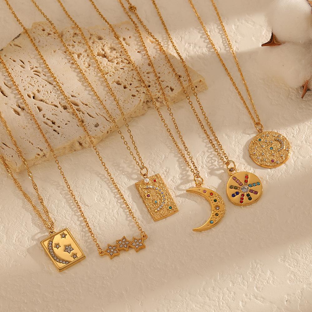 Fashion Style Diamond Star Moon Pendant Gold Plated Necklace Women's Fashion Diamond Stainless Steel Jewelry