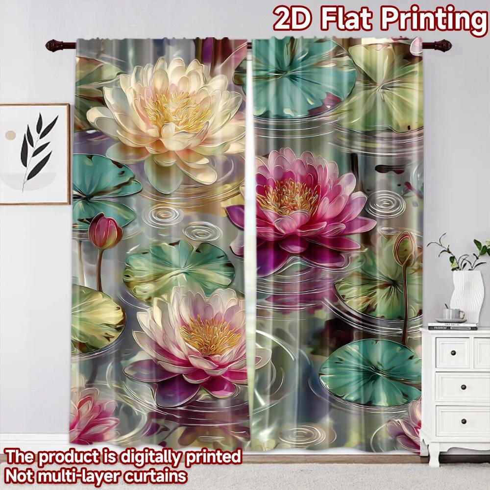 2D Flat Printing 2pcs Curtain Scene Curtain Lotus Flowers On Water Digital Printed Polyester Drapes Festive Wall Decor Use for