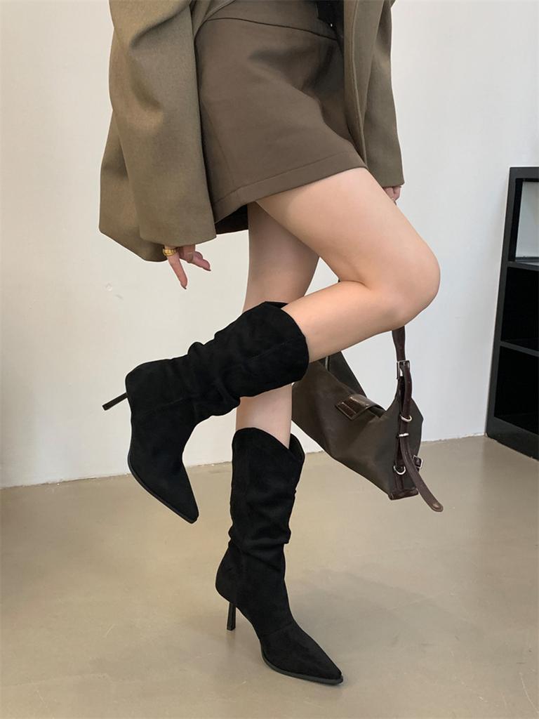 Fashion Pointed Toe Women Mid Calf Boots Chelsea Botas Thin High Heels 2024 New Arrivals Black Beige Brown Party Pumps Shoes Woman 35-39
