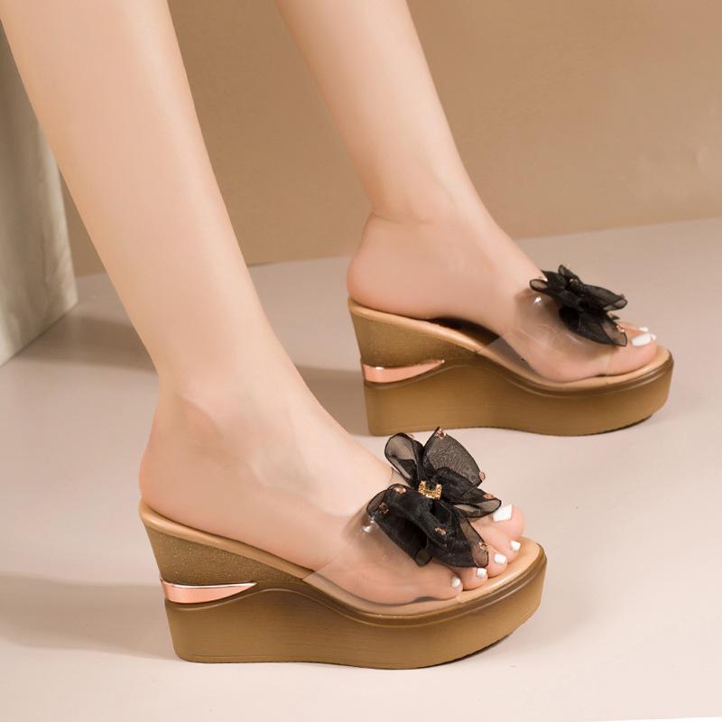 

Wedge heel slippers women s summer wear versatile high heel rhinestone sequins thick bottom transparent sandals waterproof table one-word drag 40 чёрный