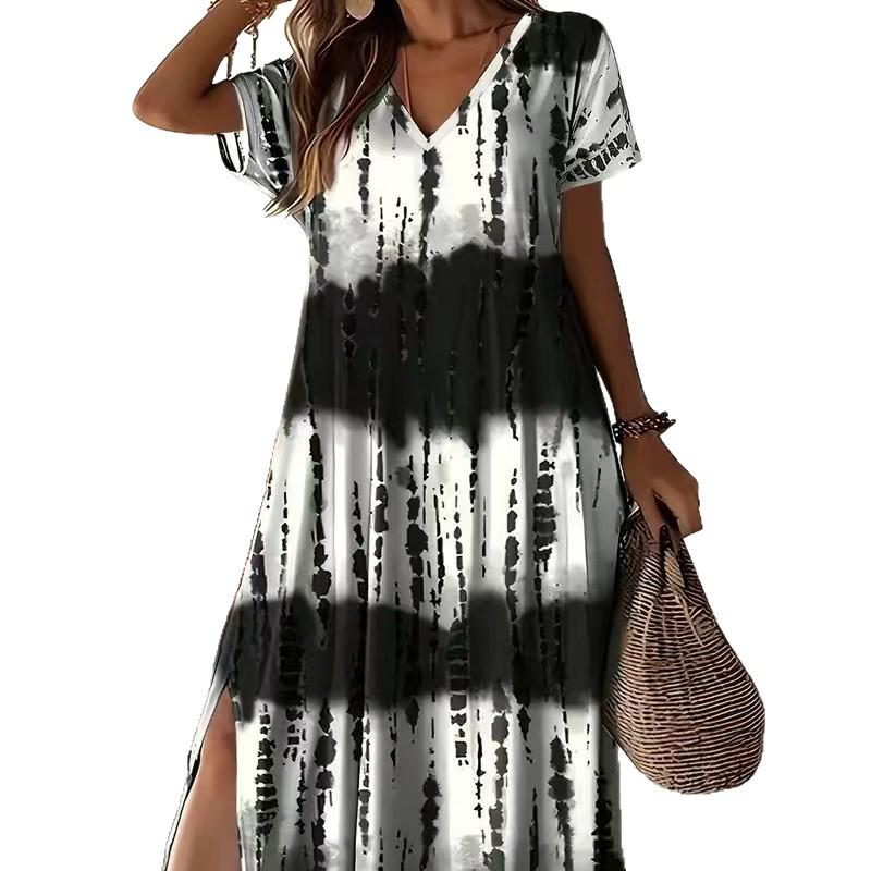 Plus Size Women's Summer V-Neck Slit Dress with Digital Print - European & American Street Style
