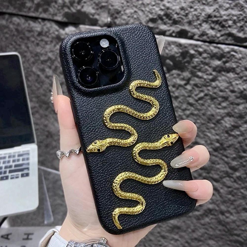 Gold Snake Leather Case for IPhone 13 11 15 12 14 16 Pro Max 16 Plus Phone Case Soft Protector Shockproof Silicone Cover