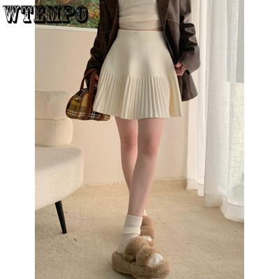 Faltenrock Damen Winter Hoch taillierter A-Linienrock Strickrock Preppy Style Damenbekleidung