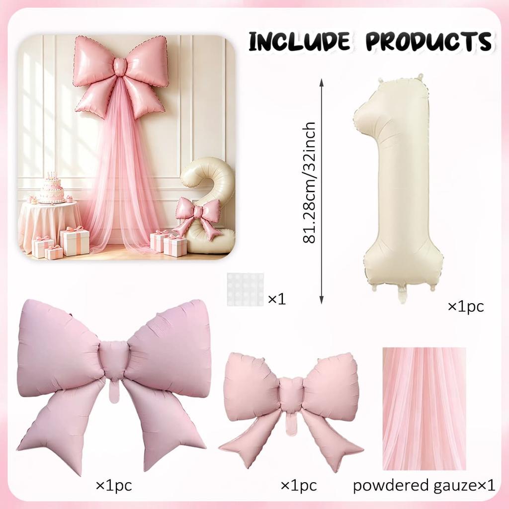 5pcs DIY Bow Birthday Balloon Set, 32inch Milk White Number Balloon, Pink Bow Balloon and Pink Mesh, Birthday Party Decoration