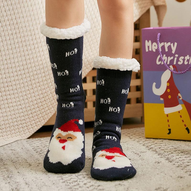 Women's Winter Velvet and Thick Christmas Glue Non Slip Home Sleeping Moon Floor Socks