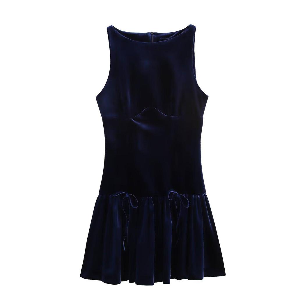 Velvet Bow-Decorated Sleeveless Slim Dress - European & American Style 9388072